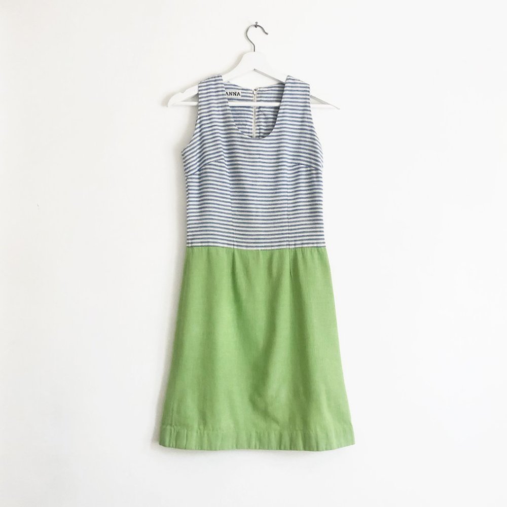 vintage 60s blue striped lime green cotton dress S